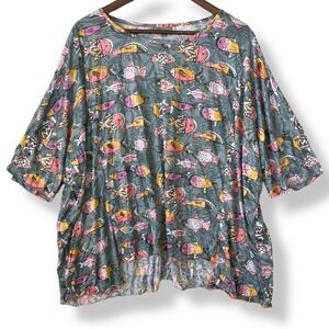 Shana Blouse L Blue Gray Fish Novelty High Lo Boxy Tee Top Art To Wear Slub Knit